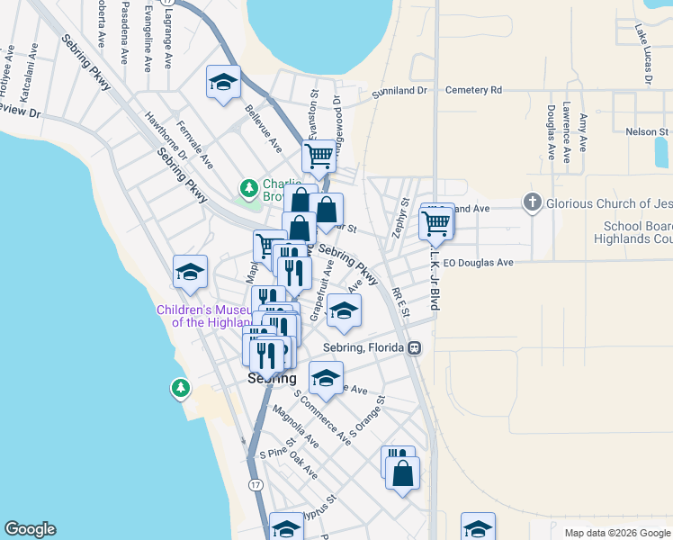 map of restaurants, bars, coffee shops, grocery stores, and more near 510 Grapefruit Avenue in Sebring