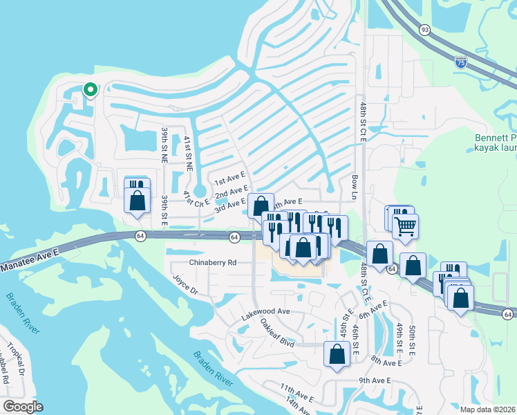 map of restaurants, bars, coffee shops, grocery stores, and more near 412 43rd Street Boulevard East in Bradenton