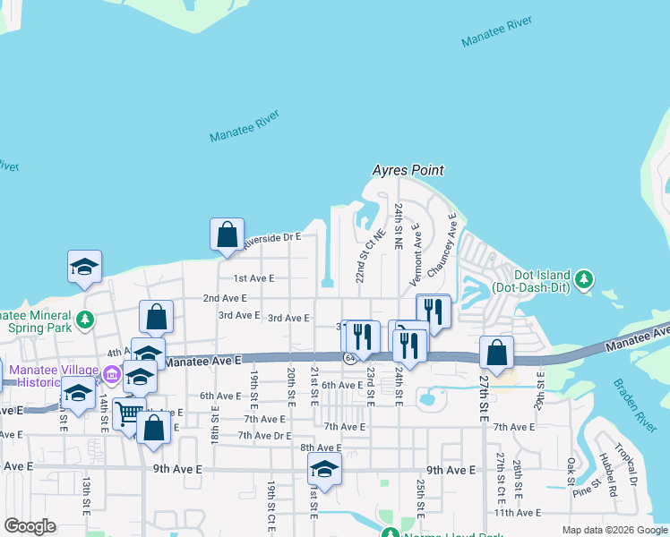 map of restaurants, bars, coffee shops, grocery stores, and more near 102 22nd Street Northeast in Bradenton