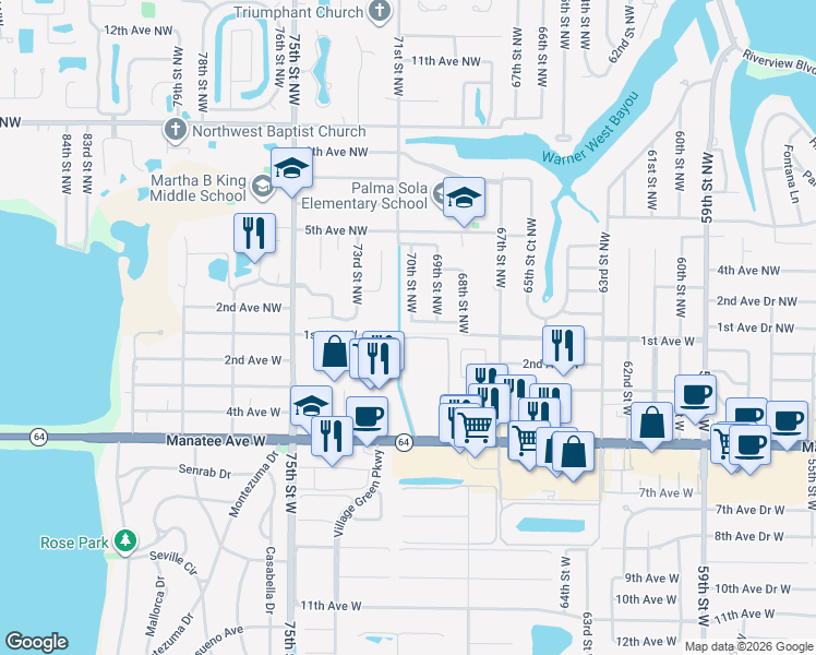 map of restaurants, bars, coffee shops, grocery stores, and more near 6915 1st Avenue Drive Northwest in Bradenton