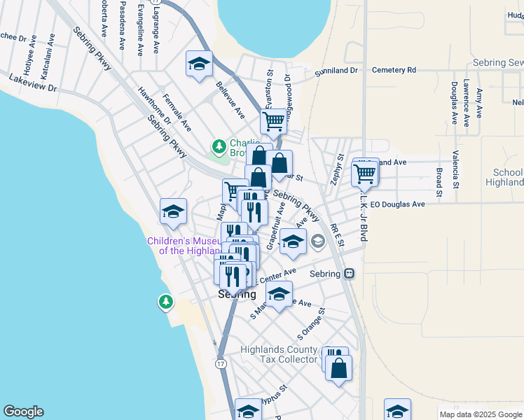 map of restaurants, bars, coffee shops, grocery stores, and more near in Sebring