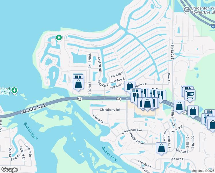 map of restaurants, bars, coffee shops, grocery stores, and more near 135 41st Circle East in Bradenton