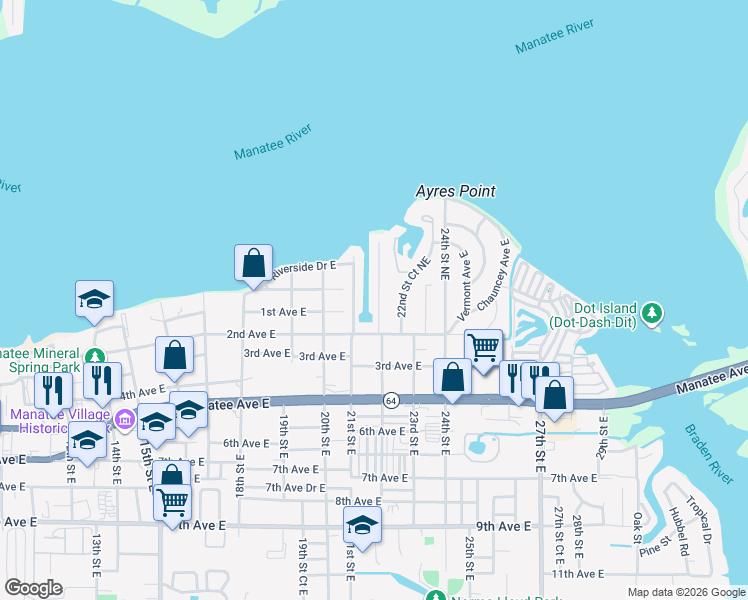 map of restaurants, bars, coffee shops, grocery stores, and more near 102 22nd Street Northeast in Bradenton