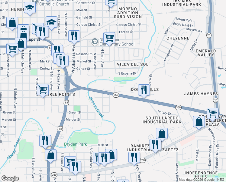 map of restaurants, bars, coffee shops, grocery stores, and more near 3427-3737 Highway 359 in Laredo