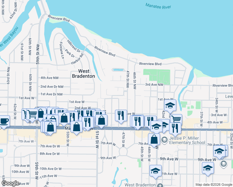 map of restaurants, bars, coffee shops, grocery stores, and more near 4816 1st Avenue Drive Northwest in Bradenton