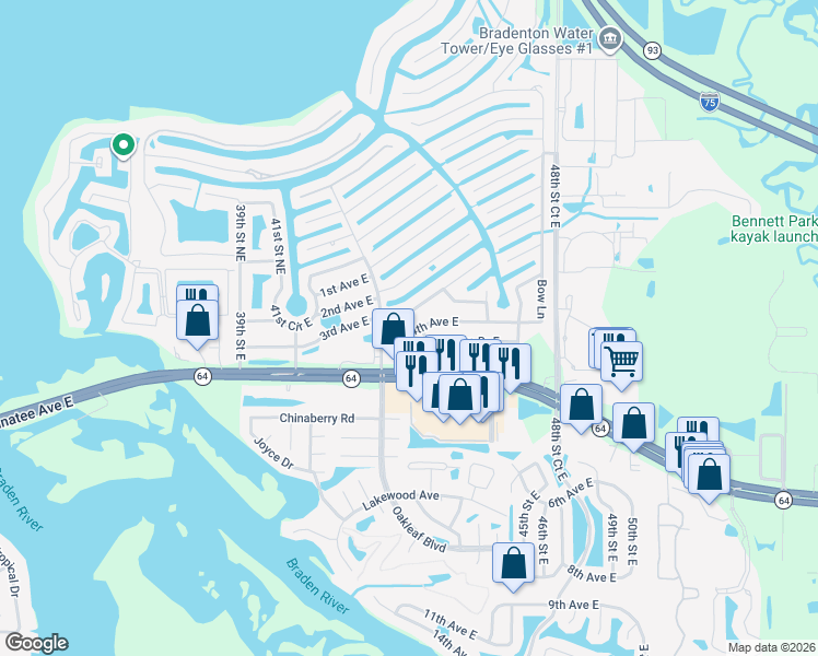 map of restaurants, bars, coffee shops, grocery stores, and more near 4411 4th Avenue East in Bradenton