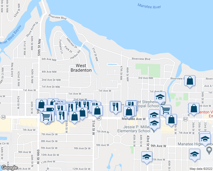 map of restaurants, bars, coffee shops, grocery stores, and more near 4816 1st Avenue Drive Northwest in Bradenton