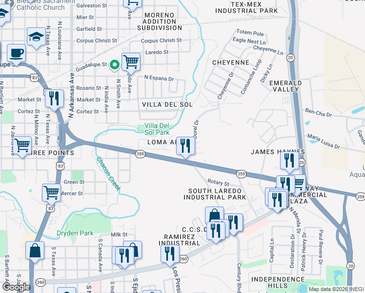 map of restaurants, bars, coffee shops, grocery stores, and more near 3710 Highway South H-359 in Laredo
