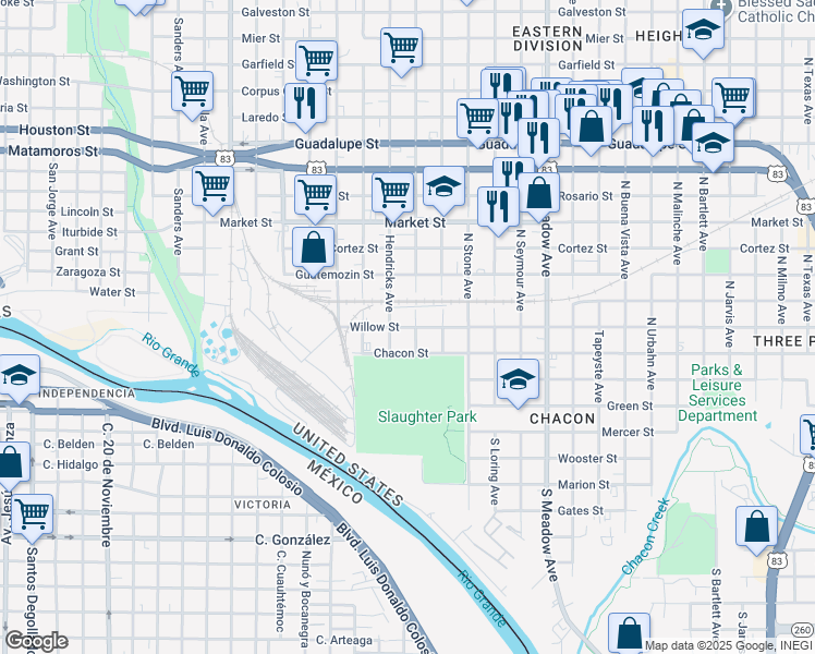 map of restaurants, bars, coffee shops, grocery stores, and more near 1020 Willow Street in Laredo