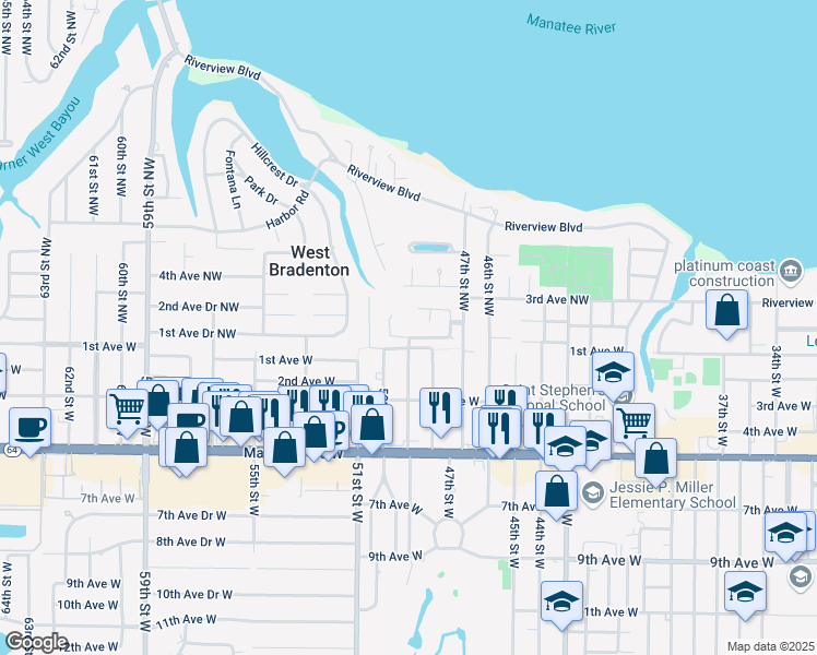 map of restaurants, bars, coffee shops, grocery stores, and more near 4816 1st Avenue Drive Northwest in Bradenton