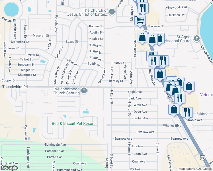 map of restaurants, bars, coffee shops, grocery stores, and more near 3200-3206 Bentley Street in Sebring