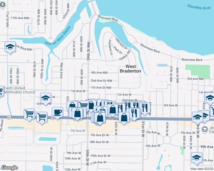 map of restaurants, bars, coffee shops, grocery stores, and more near 5512 2nd Avenue Drive West in Bradenton