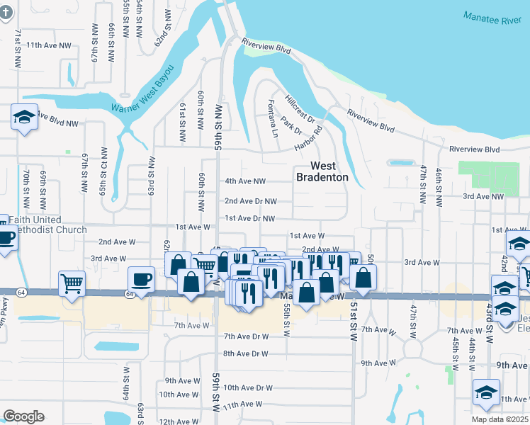 map of restaurants, bars, coffee shops, grocery stores, and more near 5512 2nd Avenue Drive West in Bradenton
