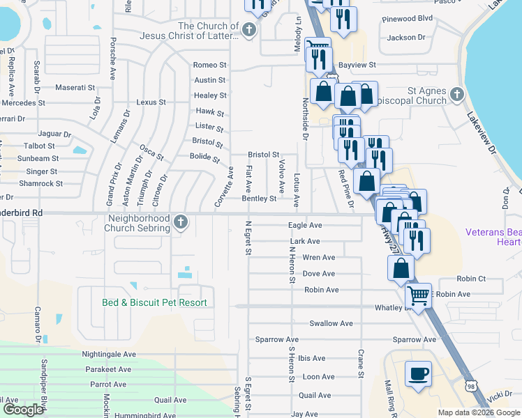 map of restaurants, bars, coffee shops, grocery stores, and more near 300 Sprite Avenue in Sebring