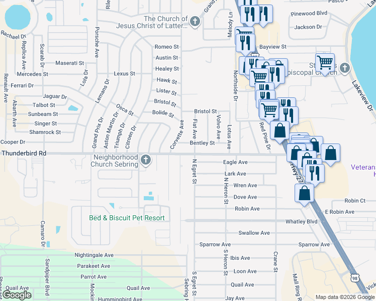 map of restaurants, bars, coffee shops, grocery stores, and more near 3200-3206 Bentley Street in Sebring