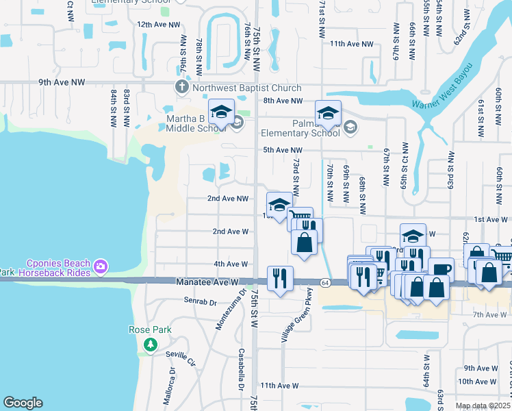 map of restaurants, bars, coffee shops, grocery stores, and more near 315 75th Street Northwest in Bradenton