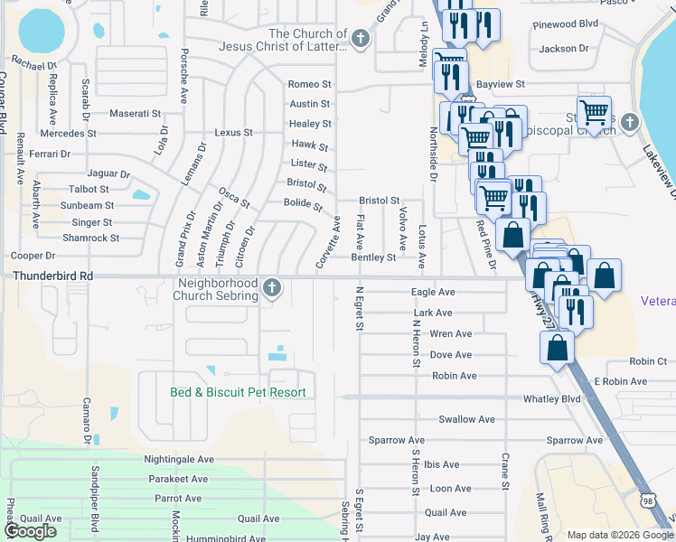map of restaurants, bars, coffee shops, grocery stores, and more near 3200-3206 Bentley Street in Sebring