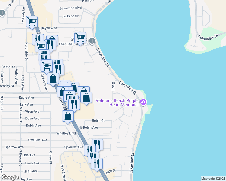 map of restaurants, bars, coffee shops, grocery stores, and more near 220 Don Dr in Sebring