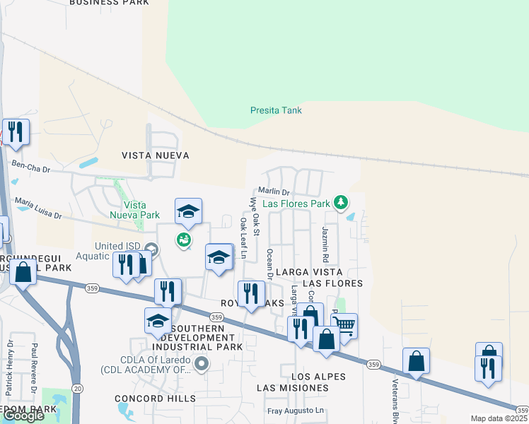 map of restaurants, bars, coffee shops, grocery stores, and more near 5411 Marlin Drive in Laredo