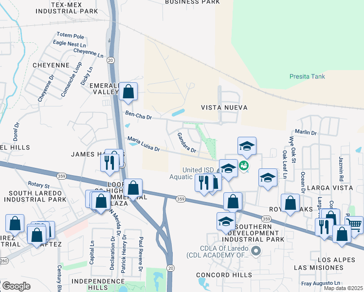 map of restaurants, bars, coffee shops, grocery stores, and more near 525 Gandara Drive in Laredo