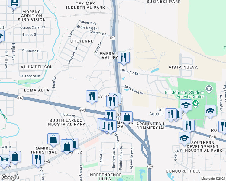 map of restaurants, bars, coffee shops, grocery stores, and more near 222 Bob Bullock Loop in Laredo