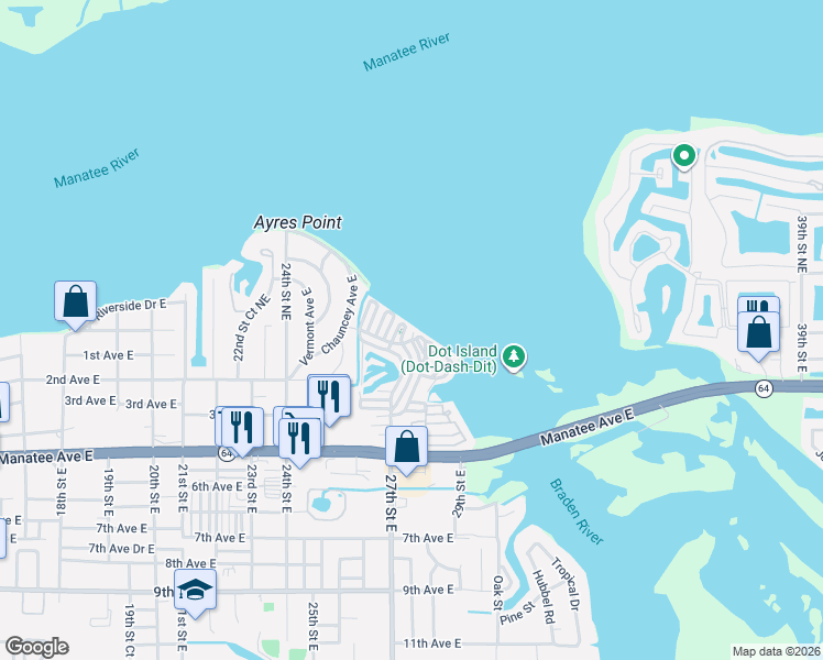 map of restaurants, bars, coffee shops, grocery stores, and more near 14 Plaza Street East in Bradenton