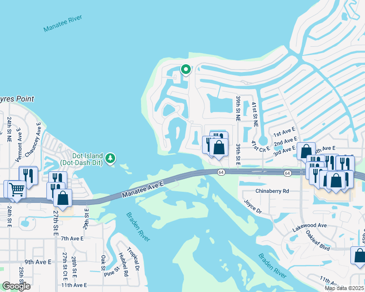 map of restaurants, bars, coffee shops, grocery stores, and more near 3130 Castleton Drive in Bradenton