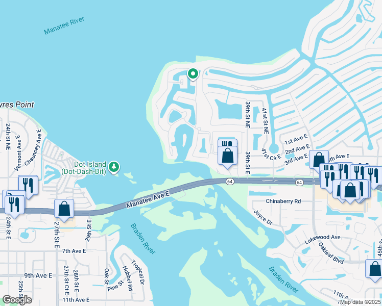 map of restaurants, bars, coffee shops, grocery stores, and more near 3130 Castleton Drive in Bradenton