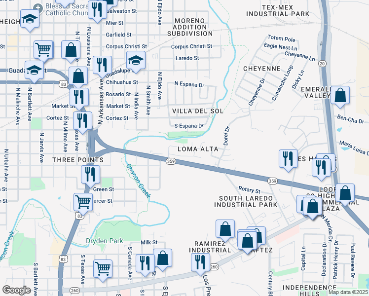 map of restaurants, bars, coffee shops, grocery stores, and more near 204 Navarra Circle in Laredo