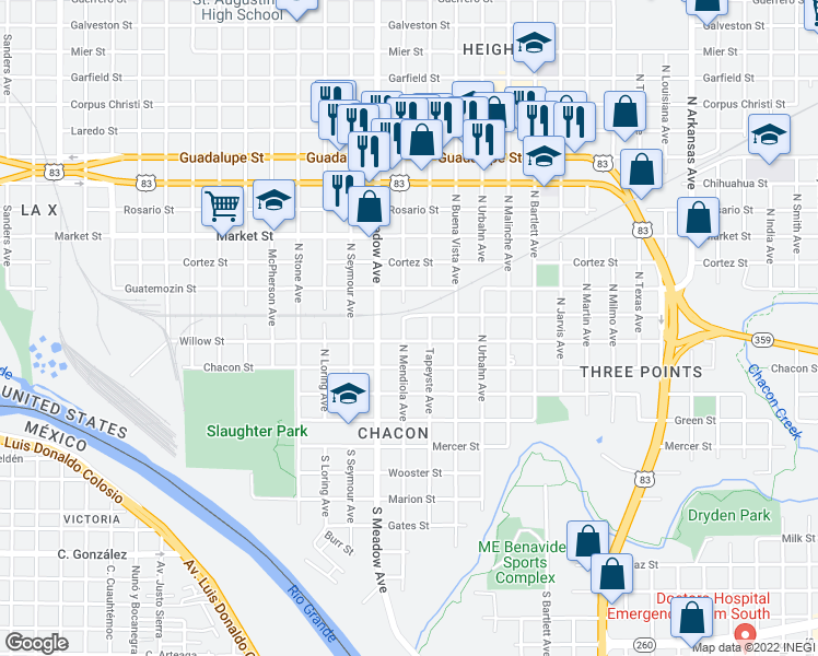 map of restaurants, bars, coffee shops, grocery stores, and more near 509 North Mendiola Avenue in Laredo