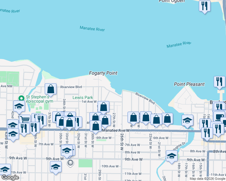 map of restaurants, bars, coffee shops, grocery stores, and more near 2710 Riverview Boulevard in Bradenton