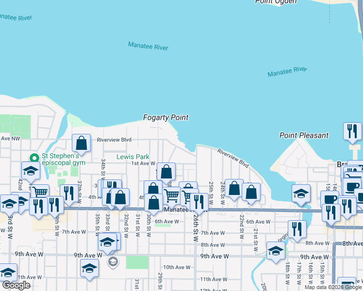 map of restaurants, bars, coffee shops, grocery stores, and more near 2710 Riverview Blvd in Bradenton