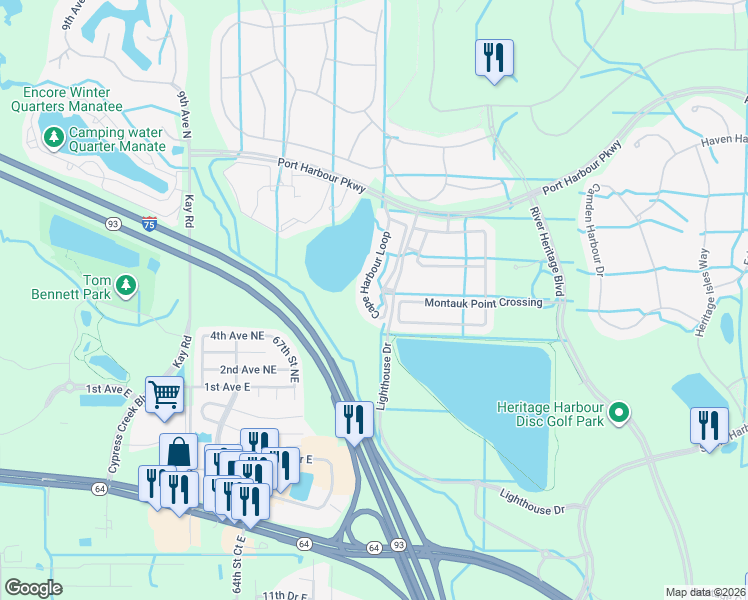 map of restaurants, bars, coffee shops, grocery stores, and more near 208 Port Harbour Parkway in Bradenton