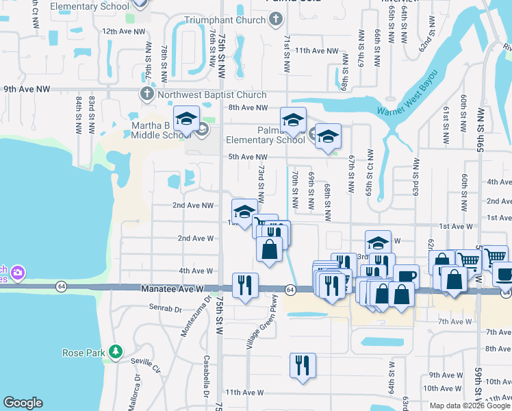map of restaurants, bars, coffee shops, grocery stores, and more near 7401 3rd Avenue West in Bradenton