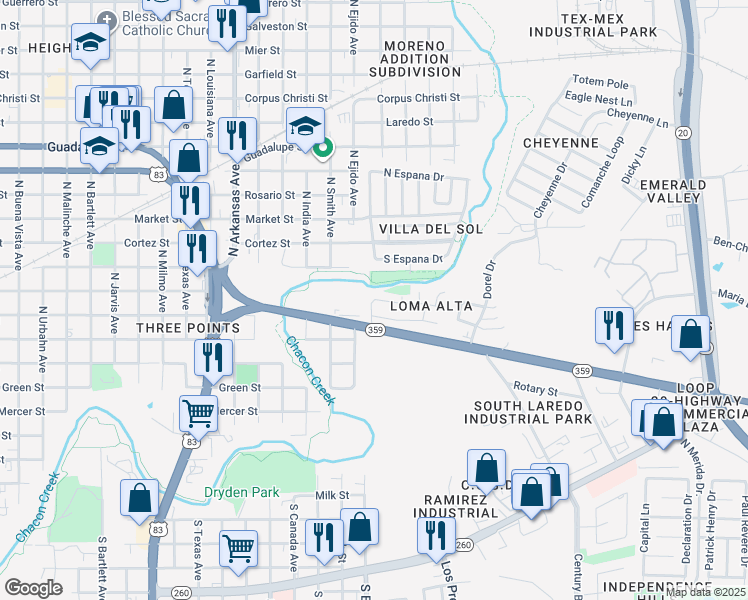 map of restaurants, bars, coffee shops, grocery stores, and more near 114 Cordova Lane in Laredo