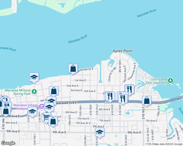 map of restaurants, bars, coffee shops, grocery stores, and more near 2014 Riverside Drive East in Bradenton