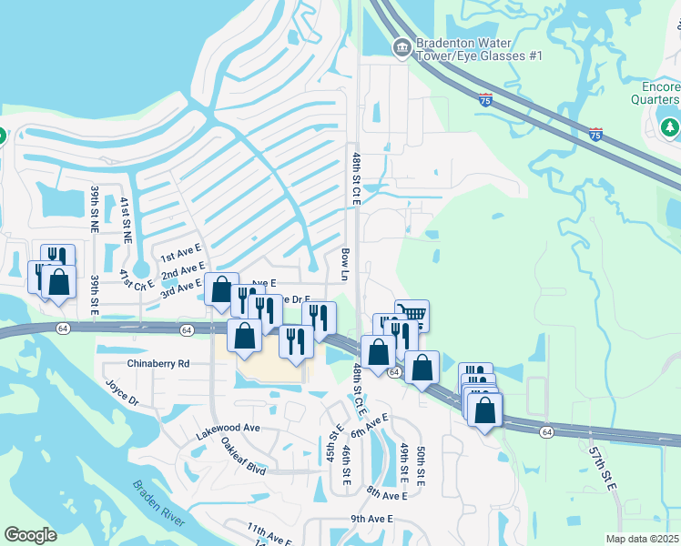 map of restaurants, bars, coffee shops, grocery stores, and more near 402 Bow Lane in Bradenton