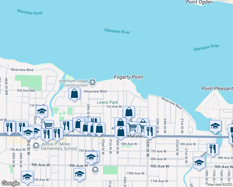 map of restaurants, bars, coffee shops, grocery stores, and more near 2911 Riverview Boulevard in Bradenton