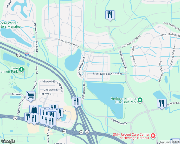 map of restaurants, bars, coffee shops, grocery stores, and more near 7035 Montauk Point Crossing in Bradenton