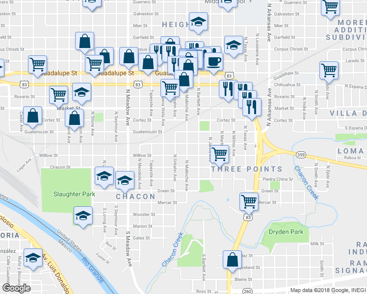 map of restaurants, bars, coffee shops, grocery stores, and more near 2019 Aldama Street in Laredo