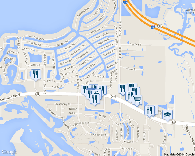 map of restaurants, bars, coffee shops, grocery stores, and more near 4528 3rd Avenue Drive East in Bradenton