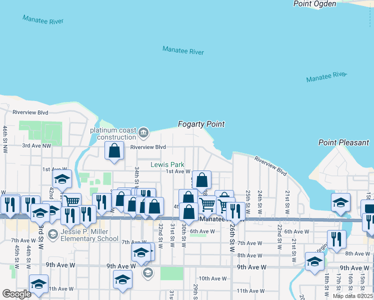 map of restaurants, bars, coffee shops, grocery stores, and more near 2911 Riverview Boulevard in Bradenton