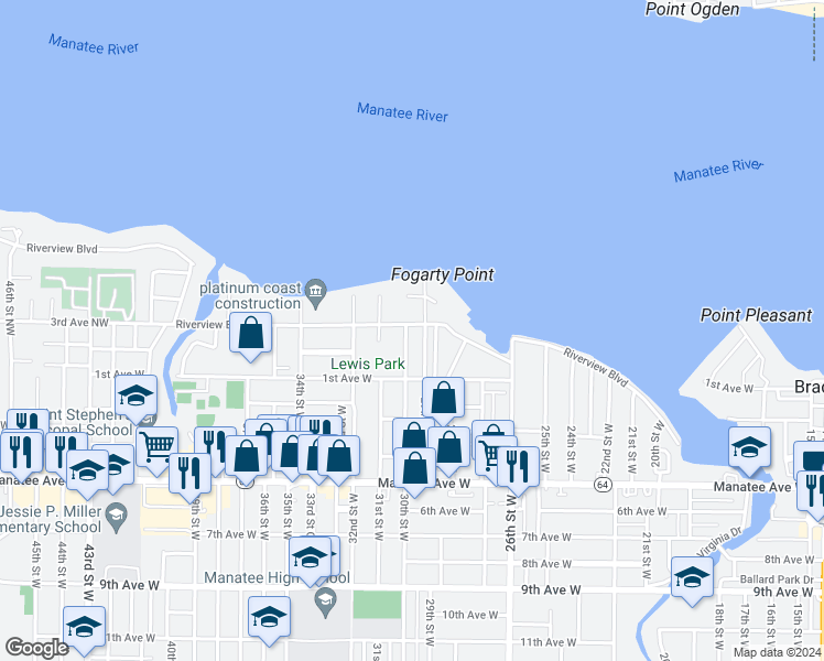 map of restaurants, bars, coffee shops, grocery stores, and more near 2911 Riverview Boulevard in Bradenton