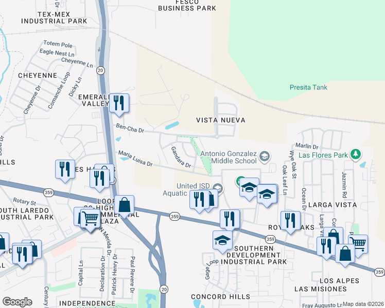 map of restaurants, bars, coffee shops, grocery stores, and more near 503 Valnera Drive in Laredo