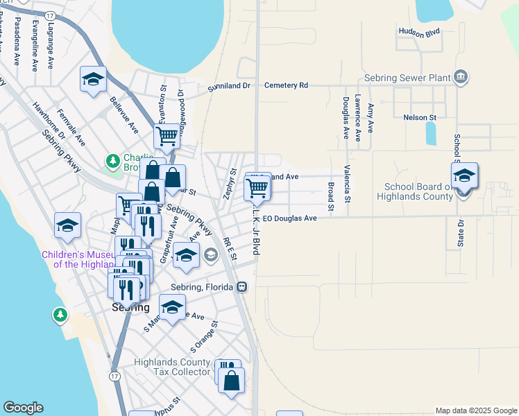map of restaurants, bars, coffee shops, grocery stores, and more near 418 Martin Luther King Junior Boulevard in Sebring