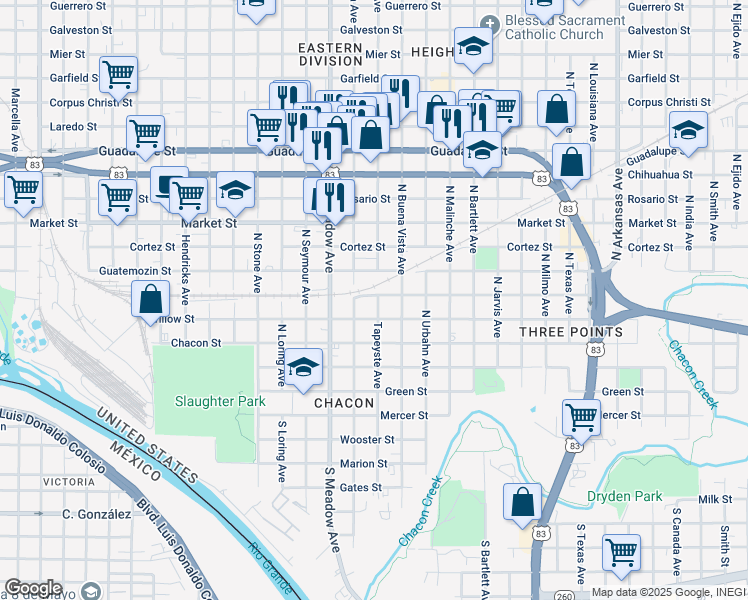 map of restaurants, bars, coffee shops, grocery stores, and more near 1719 Aldama Street in Laredo