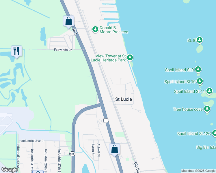 map of restaurants, bars, coffee shops, grocery stores, and more near 3717 Old Dixie Highway in Fort Pierce