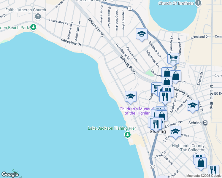 map of restaurants, bars, coffee shops, grocery stores, and more near 2381 Lakeview Drive in Sebring