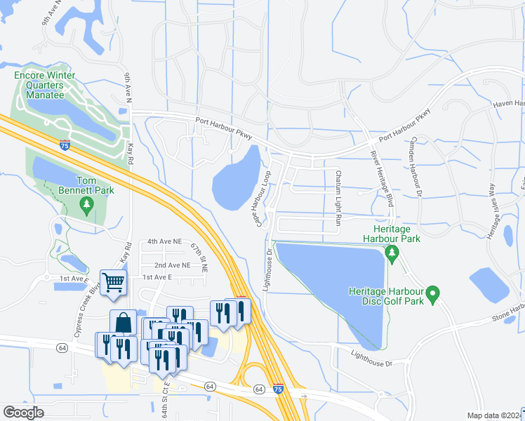 map of restaurants, bars, coffee shops, grocery stores, and more near 208 Port Harbour Parkway in Bradenton