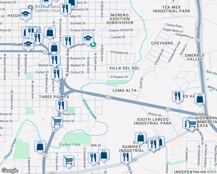map of restaurants, bars, coffee shops, grocery stores, and more near 114 Cordova Lane in Laredo